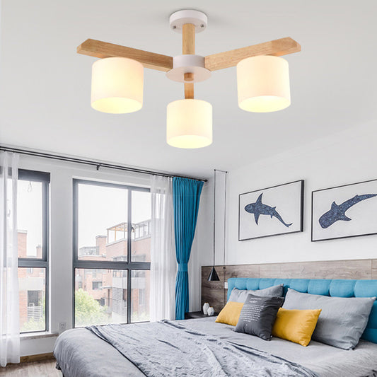 Opal Glass Barrel Shade Hanging Light Contemporary LED Wood Chandelier Light Fixture for Living Room 3 Wood Clearhalo 'Carpenter Chandeliers' 'Ceiling Lights' 'Chandeliers' 'Industrial' 'Modern Chandeliers' 'Modern' Lighting' 2038698