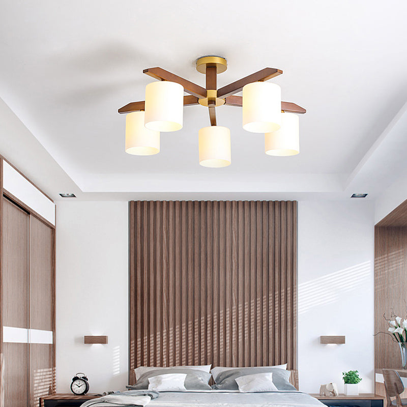 Cylinder Cream Glass Shade Semi Mount Lighting Simple Beige Light Fixture with Wooden Canopy 5 Wood Clearhalo 'Ceiling Lights' 'Close To Ceiling Lights' 'Close to ceiling' 'Flush mount' Lighting' 2038702