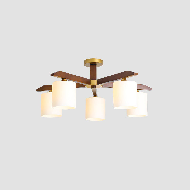 Cylinder Cream Glass Shade Semi Mount Lighting Simple Beige Light Fixture with Wooden Canopy Clearhalo 'Ceiling Lights' 'Close To Ceiling Lights' 'Close to ceiling' 'Flush mount' Lighting' 2038703