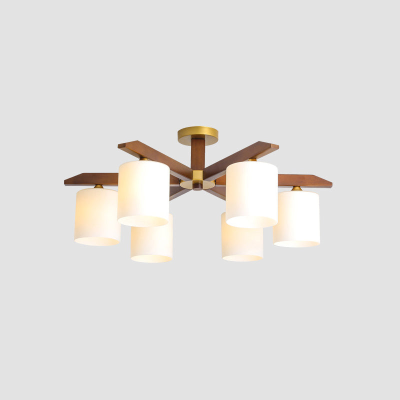Cylinder Cream Glass Shade Semi Mount Lighting Simple Beige Light Fixture with Wooden Canopy Clearhalo 'Ceiling Lights' 'Close To Ceiling Lights' 'Close to ceiling' 'Flush mount' Lighting' 2038705