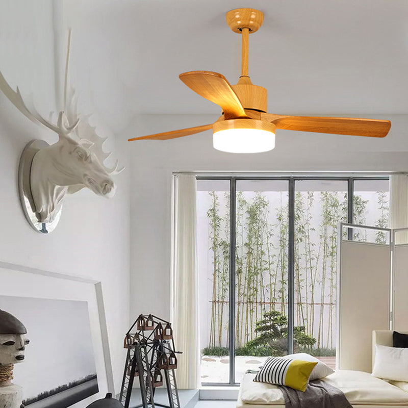 52" W Circular Dining Room Semi Flush Mount Cream Glass Simple LED 3-Blade Ceiling Fan Light Fixture in Wood Wood Clearhalo 'Ceiling Fans with Lights' 'Ceiling Fans' 'Modern Ceiling Fans' 'Modern' Lighting' 2038717