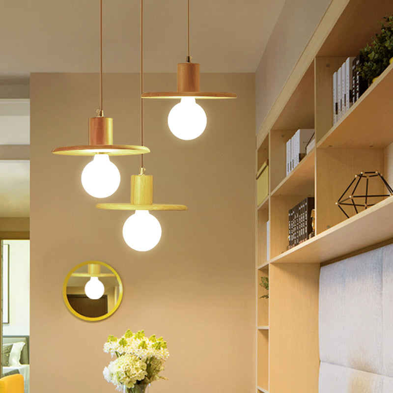 Lid Shaped Hanging Light Modern Wooden 3 Bulbs Dining Room Multi Light Chandelier Wood Round Clearhalo 'Ceiling Lights' 'Modern Pendants' 'Modern' 'Pendant Lights' 'Pendants' Lighting' 2038731