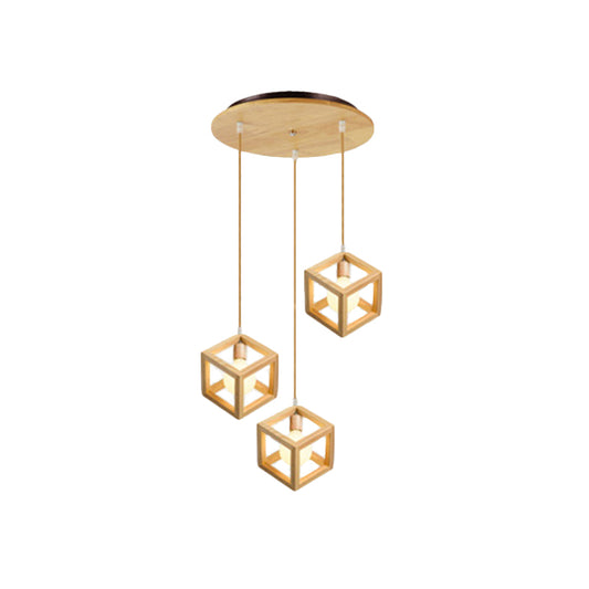 Square Shaped Multi Light Pendant Simple Wooden 3 Bulbs Kitchen Hanging Light Fixture Clearhalo 'Ceiling Lights' 'Modern Pendants' 'Modern' 'Pendant Lights' 'Pendants' Lighting' 2038748