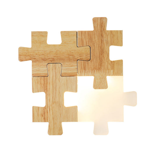 Jigsaw Puzzle Sconce Light Simple LED Wood Wall Lighting Fixture with Opal Glass Shade for Bedroom Clearhalo 'Modern wall lights' 'Modern' 'Wall Lamps & Sconces' 'Wall Lights' Lighting' 2038790
