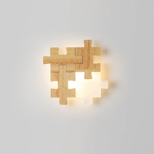Jigsaw Puzzle Sconce Light Simple LED Wood Wall Lighting Fixture with Opal Glass Shade for Bedroom Clearhalo 'Modern wall lights' 'Modern' 'Wall Lamps & Sconces' 'Wall Lights' Lighting' 2038791