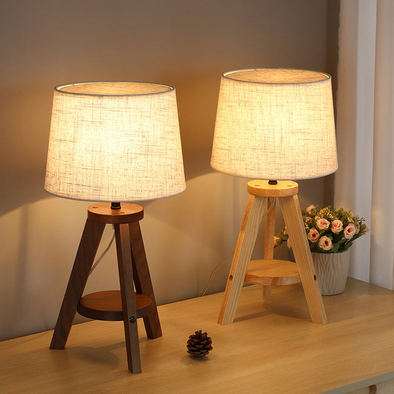 Simple Drum Table Lamp Fabric Single-Bulb Bedroom Night Table Light with Wooden Tripod Clearhalo 'Lamps' 'Table Lamps' Lighting' 2038809