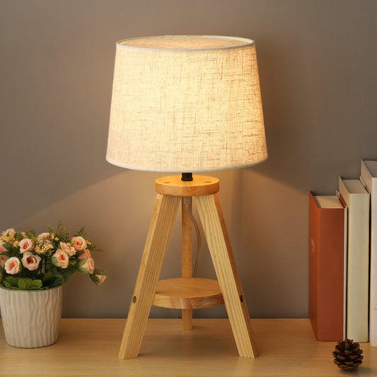 Simple Drum Table Lamp Fabric Single-Bulb Bedroom Night Table Light with Wooden Tripod Clearhalo 'Lamps' 'Table Lamps' Lighting' 2038811