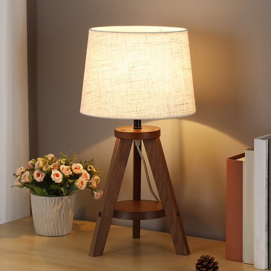 Simple Drum Table Lamp Fabric Single-Bulb Bedroom Night Table Light with Wooden Tripod Brown Clearhalo 'Lamps' 'Table Lamps' Lighting' 2038812