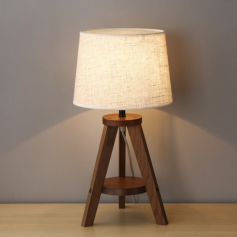 Simple Drum Table Lamp Fabric Single-Bulb Bedroom Night Table Light with Wooden Tripod Clearhalo 'Lamps' 'Table Lamps' Lighting' 2038813