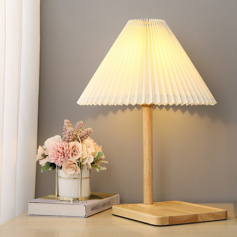 Geometric Table Light Modern Fabric Single Wood Nightstand Lamp in Beige for Bedroom Wood C Clearhalo 'Lamps' 'Table Lamps' Lighting' 2038820