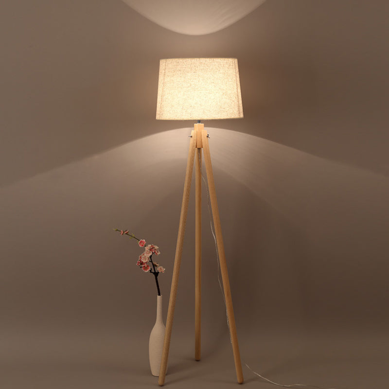 Tripod Standing Light Modern Wooden LED Bedside Floor Lamp with Drum Fabric Shade Flaxen Clearhalo 'Floor Lamps' 'Lamps' Lighting' 2038826