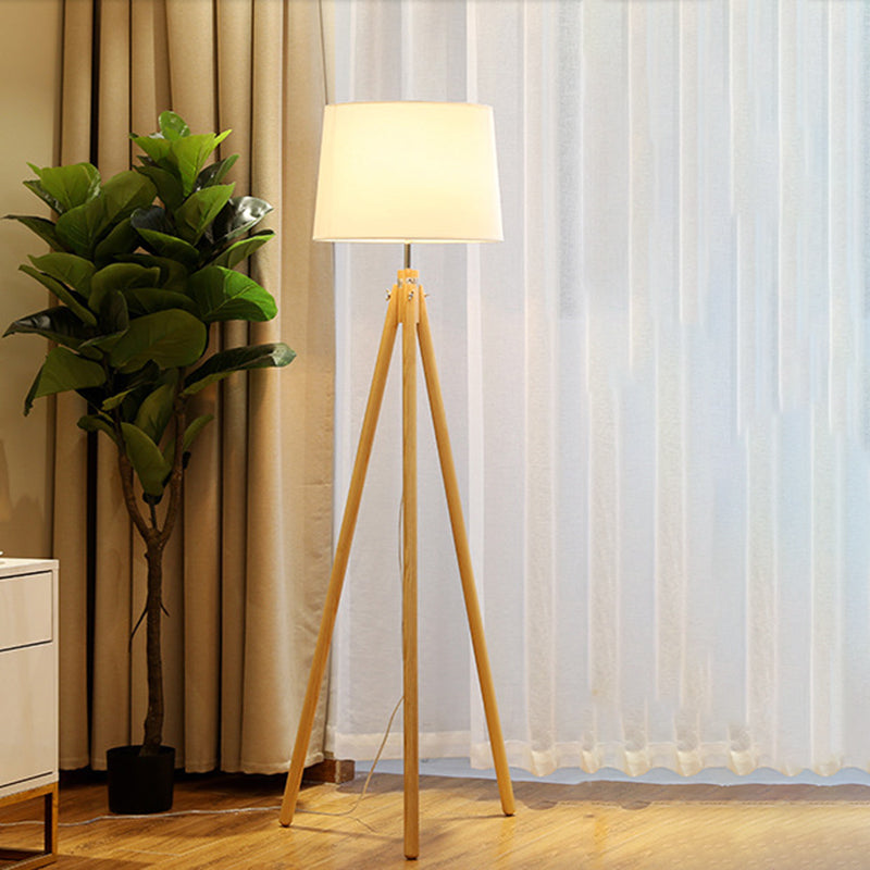Tripod Standing Light Modern Wooden LED Bedside Floor Lamp with Drum Fabric Shade Beige Clearhalo 'Floor Lamps' 'Lamps' Lighting' 2038830