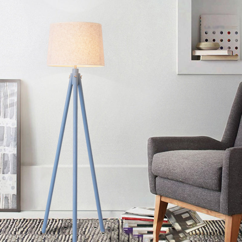Tripod Standing Light Modern Wooden LED Bedside Floor Lamp with Drum Fabric Shade Blue Clearhalo 'Floor Lamps' 'Lamps' Lighting' 2038831