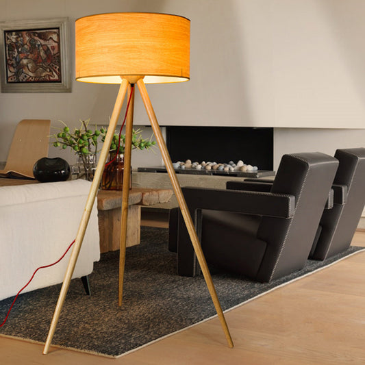 Tripod Bedroom Standing Lamp Wooden Simple LED Floor Light with Cylinder Shade, Beige Clearhalo 'Floor Lamps' 'Lamps' Lighting' 2038834