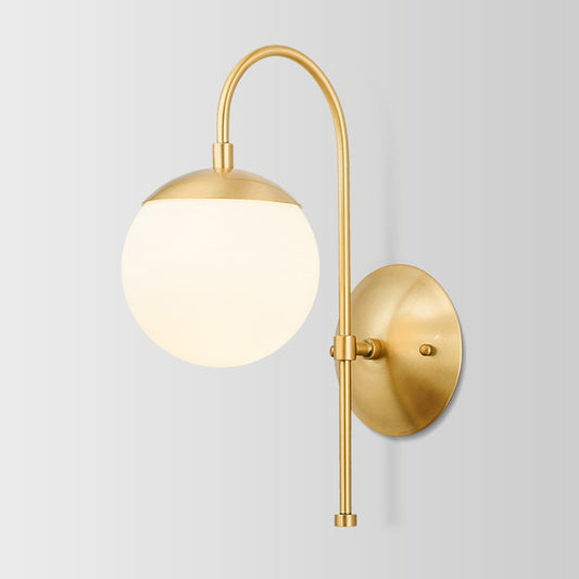 Gold Round Wall Lamp Sconce Modernist 1 Light Opal Glass Wall Montreal Lighting with Gooseneck Arm Gold B Clearhalo 'Cast Iron' 'Glass' 'Industrial' 'Modern wall lights' 'Modern' 'Tiffany' 'Traditional wall lights' 'Wall Lamps & Sconces' 'Wall Lights' Lighting' 2038843