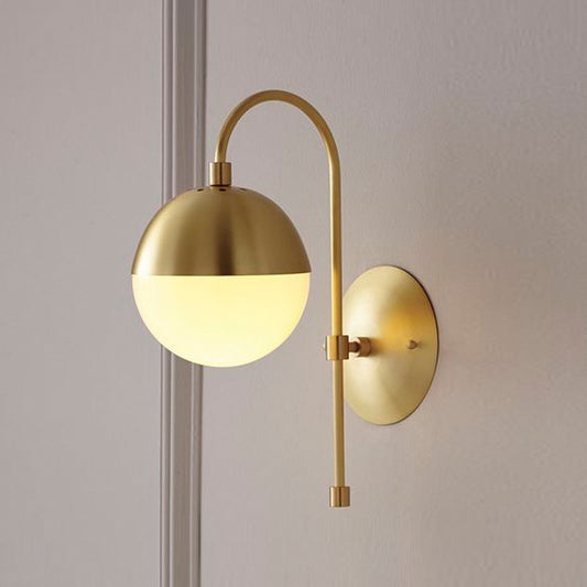 Gold Round Wall Lamp Sconce Modernist 1 Light Opal Glass Wall Montreal Lighting with Gooseneck Arm Gold A Clearhalo 'Cast Iron' 'Glass' 'Industrial' 'Modern wall lights' 'Modern' 'Tiffany' 'Traditional wall lights' 'Wall Lamps & Sconces' 'Wall Lights' Lighting' 2038847