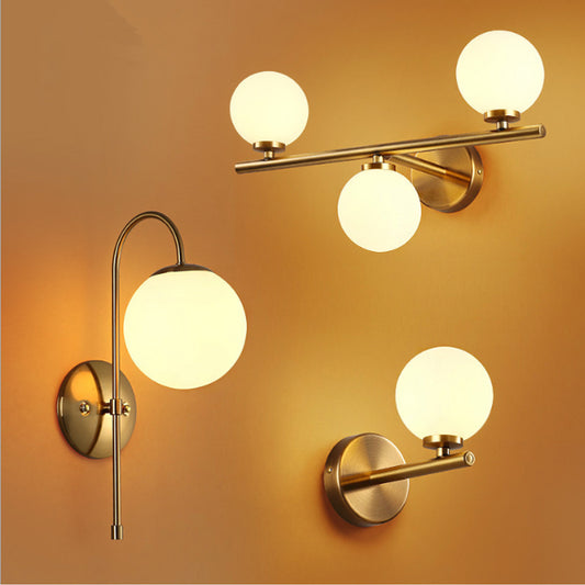Spherical Wall Lighting Contemporary White Glass Bedside Wall Light Fixture in Gold Clearhalo 'Cast Iron' 'Glass' 'Industrial' 'Modern wall lights' 'Modern' 'Tiffany' 'Traditional wall lights' 'Wall Lamps & Sconces' 'Wall Lights' Lighting' 2038855