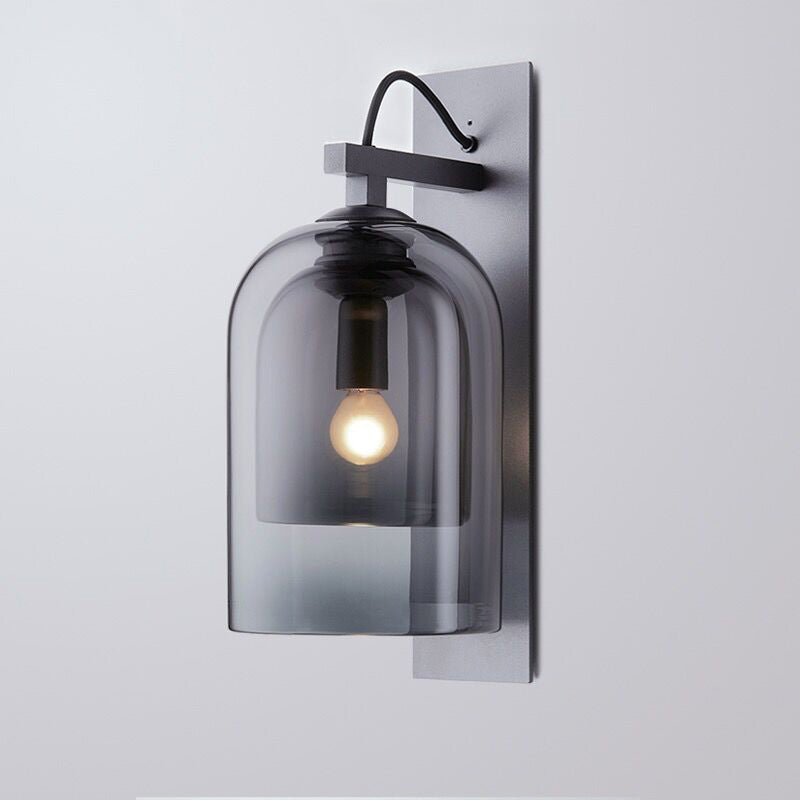 Smoke Grey Glass Dual Bell Wall Lamp Modern Style 1 Bulb Black Wall Sconce Lighting Clearhalo 'Cast Iron' 'Glass' 'Industrial' 'Modern wall lights' 'Modern' 'Tiffany' 'Traditional wall lights' 'Wall Lamps & Sconces' 'Wall Lights' Lighting' 2038932