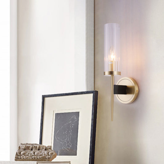 Simple Cylinder Wall Lamp Clear Fluted Glass Wall Mount Light Fixture in Gold 1.0 Brass Clearhalo 'Cast Iron' 'Glass' 'Industrial' 'Modern wall lights' 'Modern' 'Tiffany' 'Traditional wall lights' 'Wall Lamps & Sconces' 'Wall Lights' Lighting' 2038938