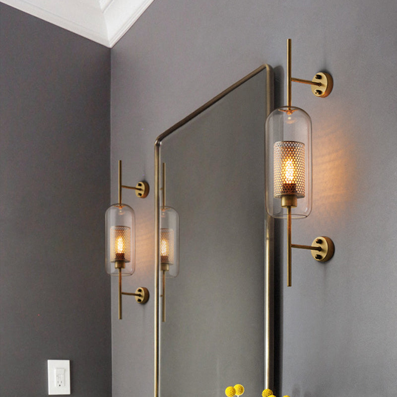 Pill Capsule Wall Lighting Fixture Modernism Clear Glass 1-Bulb Bathroom Wall Lamp Sconce with Inside Mesh Screen Clearhalo 'Cast Iron' 'Glass' 'Industrial' 'Modern wall lights' 'Modern' 'Tiffany' 'Traditional wall lights' 'Wall Lamps & Sconces' 'Wall Lights' Lighting' 2038978