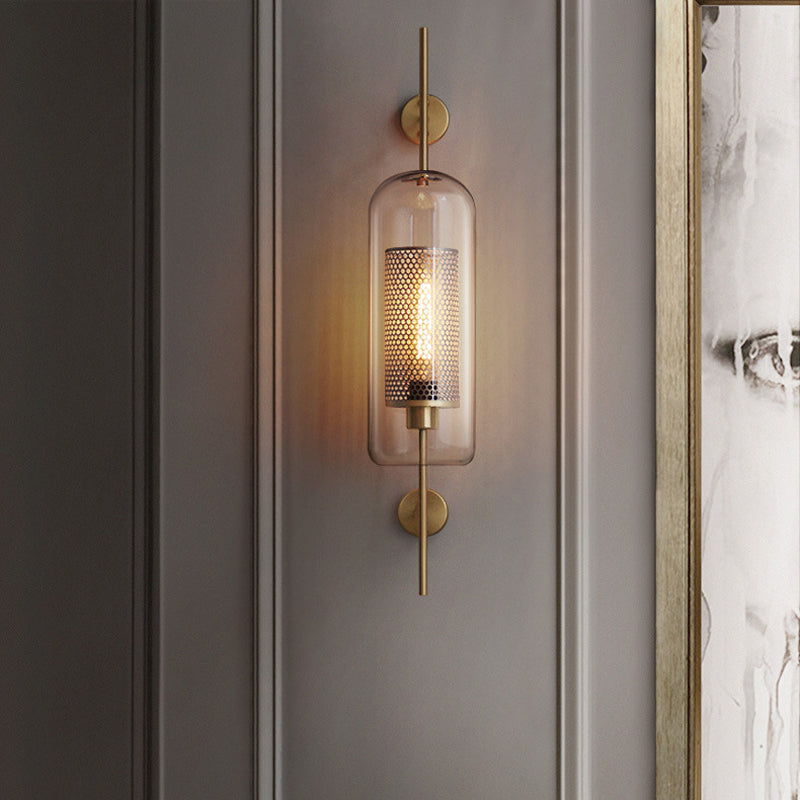 Pill Capsule Wall Lighting Fixture Modernism Clear Glass 1-Bulb Bathroom Wall Lamp Sconce with Inside Mesh Screen Clearhalo 'Cast Iron' 'Glass' 'Industrial' 'Modern wall lights' 'Modern' 'Tiffany' 'Traditional wall lights' 'Wall Lamps & Sconces' 'Wall Lights' Lighting' 2038979