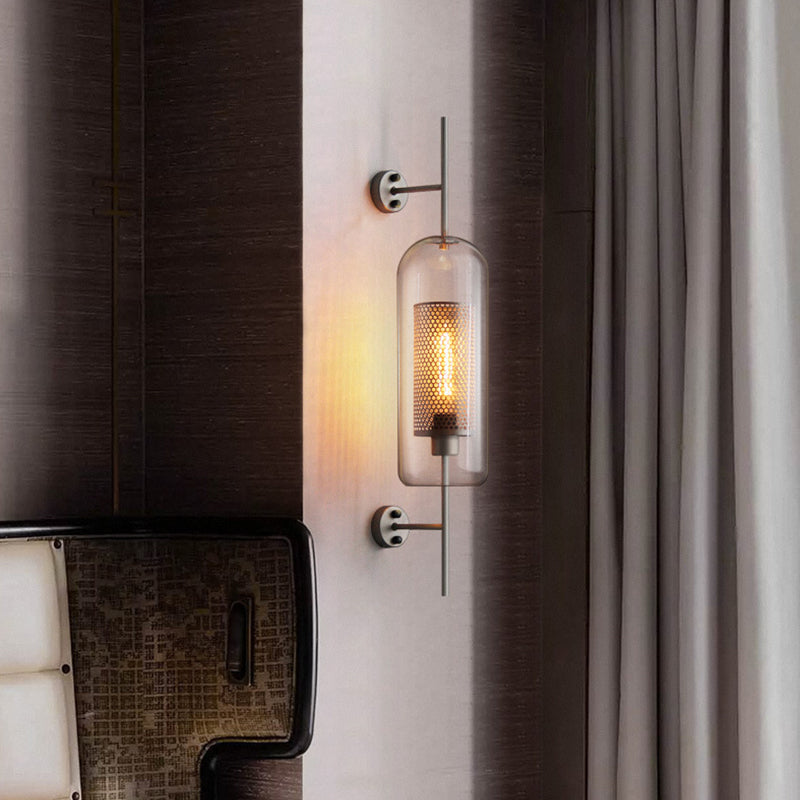 Pill Capsule Wall Lighting Fixture Modernism Clear Glass 1-Bulb Bathroom Wall Lamp Sconce with Inside Mesh Screen Silver Gray Clearhalo 'Cast Iron' 'Glass' 'Industrial' 'Modern wall lights' 'Modern' 'Tiffany' 'Traditional wall lights' 'Wall Lamps & Sconces' 'Wall Lights' Lighting' 2038980