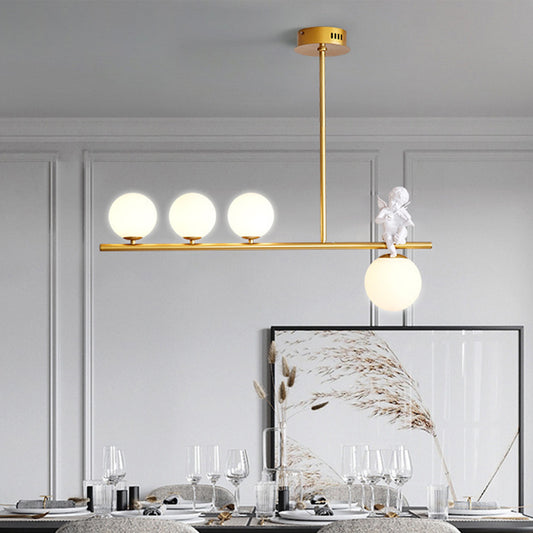Nordic Island Light Fixture Global Angel Pendant Lighting with Opaline Glass Shade 4 Gold Clearhalo 'Ceiling Lights' 'Glass shade' 'Glass' 'Island Lights' Lighting' 2039072