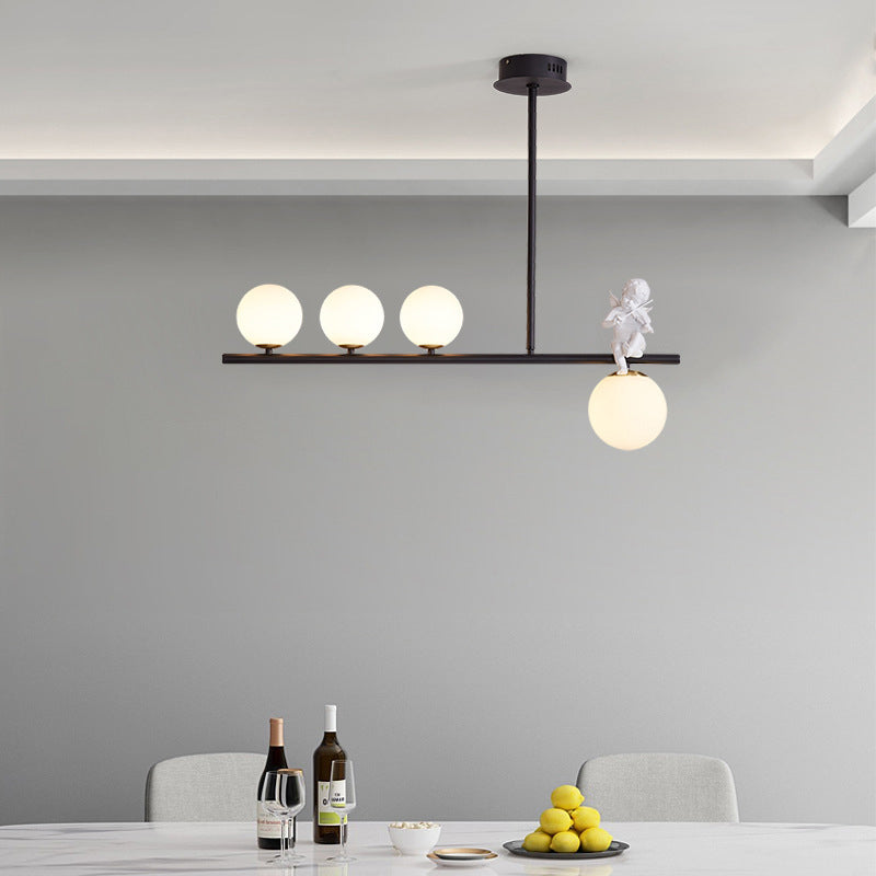 Nordic Island Light Fixture Global Angel Pendant Lighting with Opaline Glass Shade 4 Black Clearhalo 'Ceiling Lights' 'Glass shade' 'Glass' 'Island Lights' Lighting' 2039077