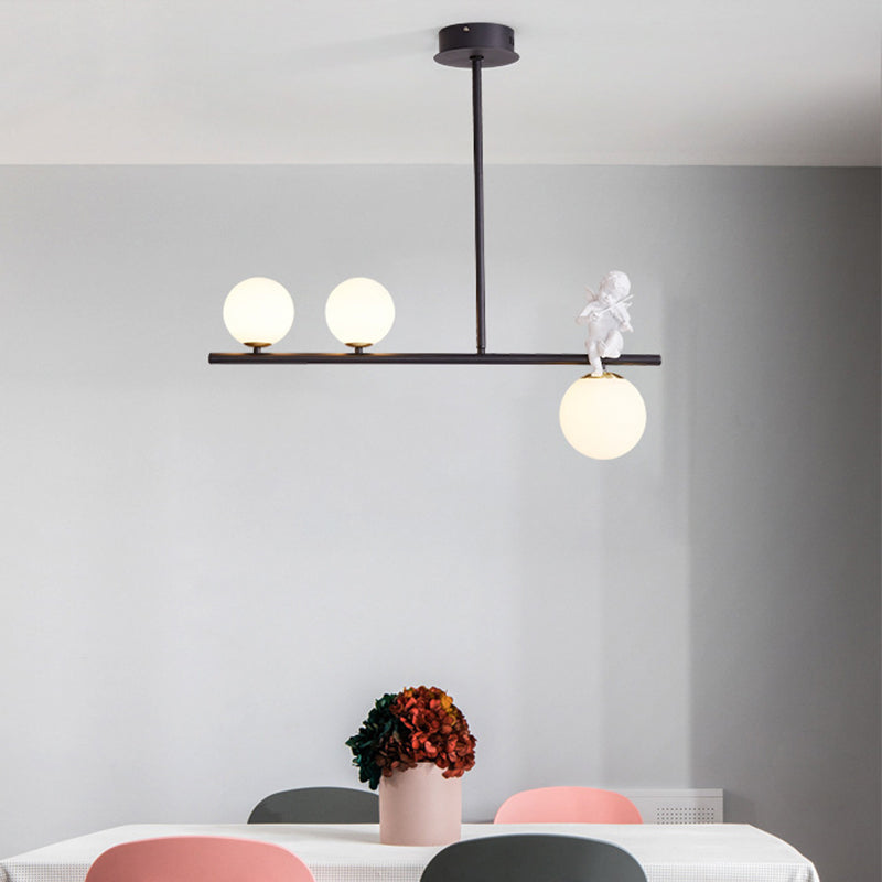 Nordic Island Light Fixture Global Angel Pendant Lighting with Opaline Glass Shade 3 Black Clearhalo 'Ceiling Lights' 'Glass shade' 'Glass' 'Island Lights' Lighting' 2039080