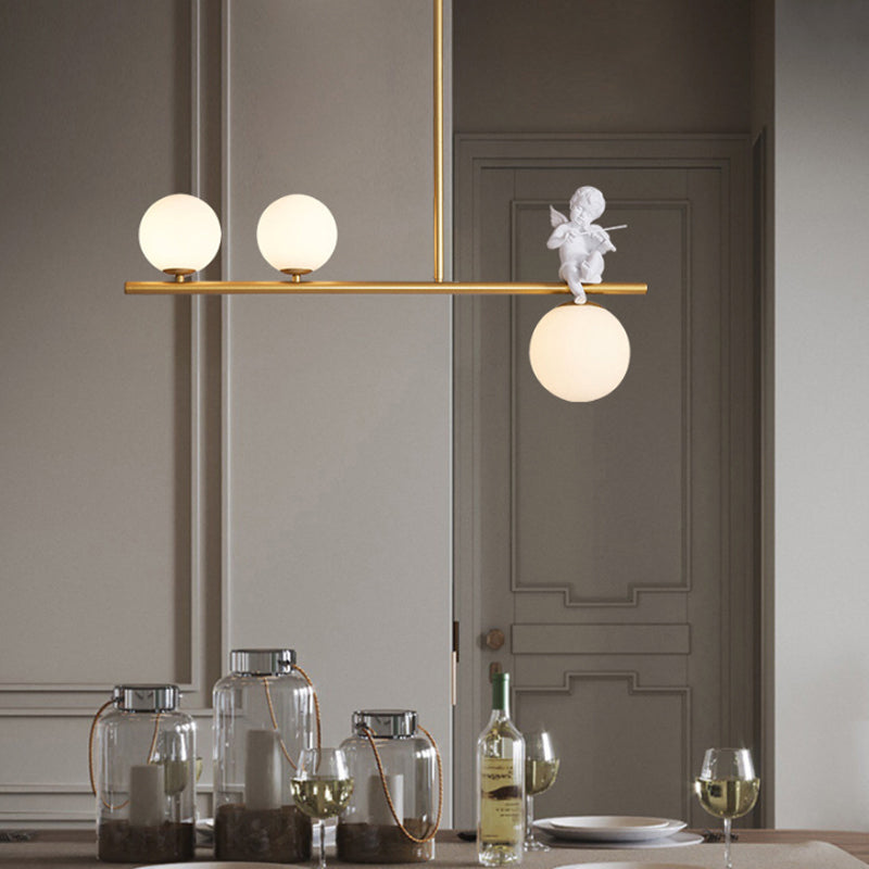 Nordic Island Light Fixture Global Angel Pendant Lighting with Opaline Glass Shade 3 Gold Clearhalo 'Ceiling Lights' 'Glass shade' 'Glass' 'Island Lights' Lighting' 2039083
