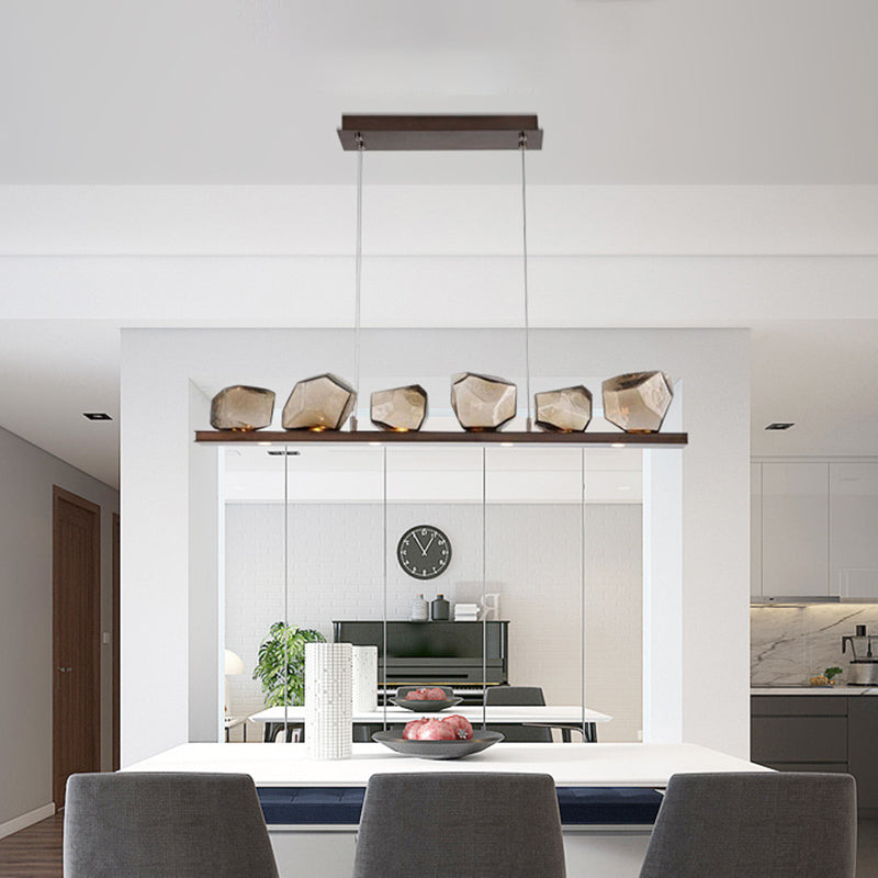 Amber Glass Stone Pendant Lamp Minimalist 6-Bulb Island Lighting Fixture in Brown Brown Clearhalo 'Ceiling Lights' 'Glass shade' 'Glass' 'Island Lights' Lighting' 2039108