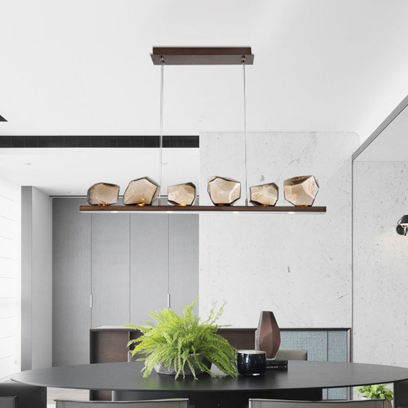 Amber Glass Stone Pendant Lamp Minimalist 6-Bulb Island Lighting Fixture in Brown Clearhalo 'Ceiling Lights' 'Glass shade' 'Glass' 'Island Lights' Lighting' 2039110