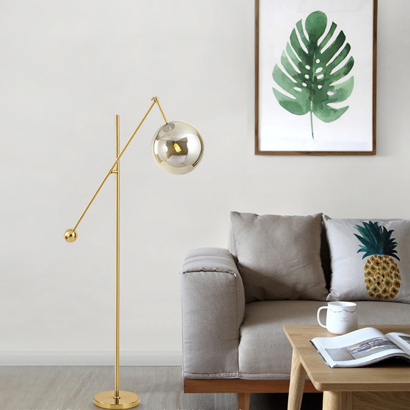 1-Bulb Living Room Floor Lamp Simple Gold Swing Arm Standing Light with Globe Smoke Grey Glass Shade Clearhalo 'Floor Lamps' 'Lamps' Lighting' 2039128