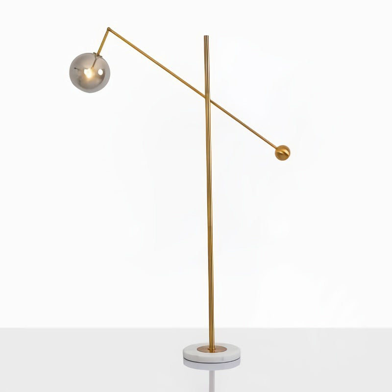 1-Bulb Living Room Floor Lamp Simple Gold Swing Arm Standing Light with Globe Smoke Grey Glass Shade Marble Clearhalo 'Floor Lamps' 'Lamps' Lighting' 2039129