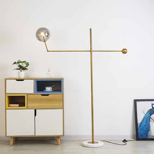 1-Bulb Living Room Floor Lamp Simple Gold Swing Arm Standing Light with Globe Smoke Grey Glass Shade Clearhalo 'Floor Lamps' 'Lamps' Lighting' 2039130