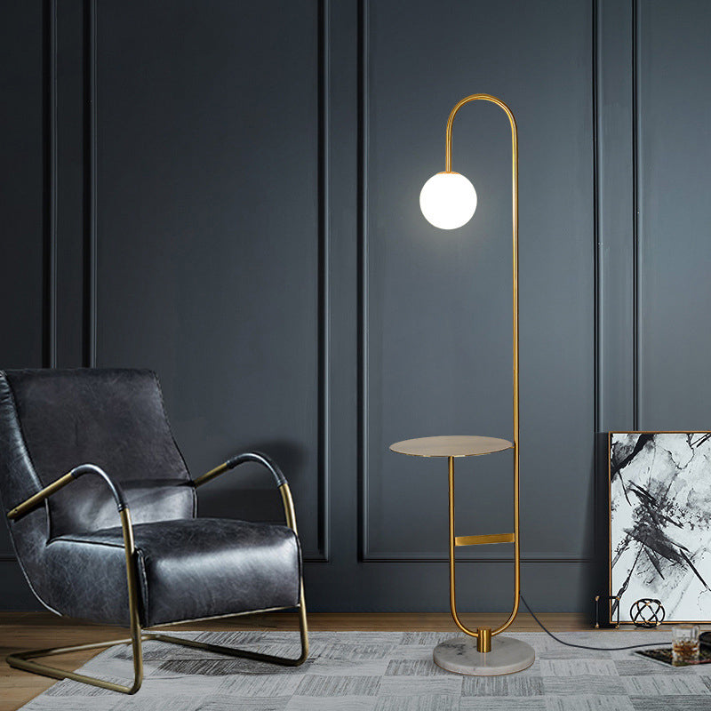 Milky Glass Ball Standing Floor Light Nordic 1 Head Reading Floor Lamp with Tea Table Decoration Gold Clearhalo 'Floor Lamps' 'Lamps' Lighting' 2039146