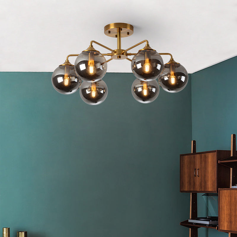 Modern Semi Flush Gold Global Ceiling Light Fixture with Glass Shade for Living Room 6 Gold Smoke Grey Clearhalo 'Ceiling Lights' 'Close To Ceiling Lights' 'Close to ceiling' 'Glass shade' 'Glass' 'Semi-flushmount' Lighting' 2039247