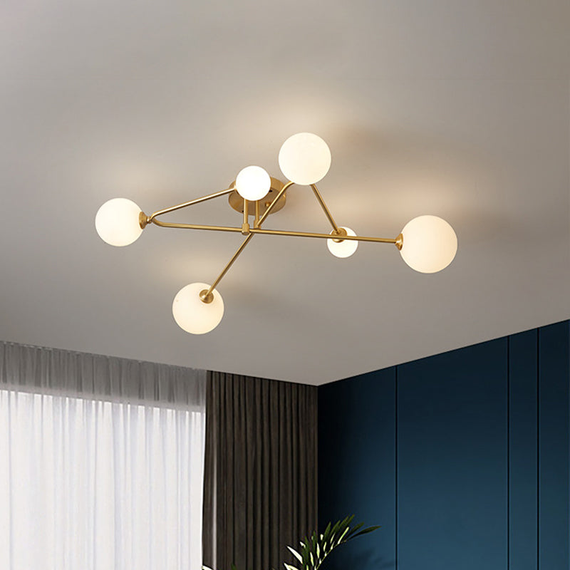 Orb Semi Mount Lighting Simple Opaline Glass Living Room Close to Ceiling Lamp in Gold Clearhalo 'Ceiling Lights' 'Close To Ceiling Lights' 'Close to ceiling' 'Glass shade' 'Glass' 'Semi-flushmount' Lighting' 2039258