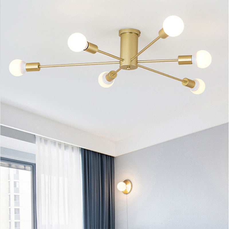 Minimal Sputnik Ceiling Mounted Light Metal Living Room Semi Flush Mount Chandelier 6 Gold Clearhalo 'Ceiling Lights' 'Close To Ceiling Lights' 'Close to ceiling' 'Glass shade' 'Glass' 'Semi-flushmount' Lighting' 2039269