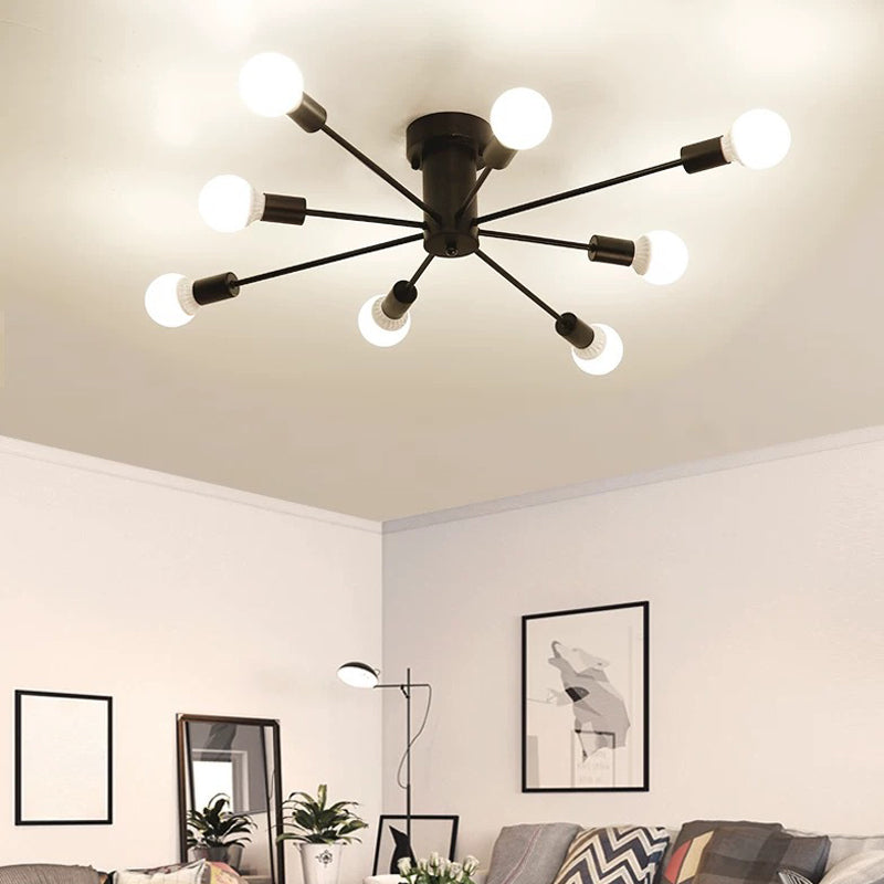 Minimal Sputnik Ceiling Mounted Light Metal Living Room Semi Flush Mount Chandelier 8 Black Clearhalo 'Ceiling Lights' 'Close To Ceiling Lights' 'Close to ceiling' 'Glass shade' 'Glass' 'Semi-flushmount' Lighting' 2039273