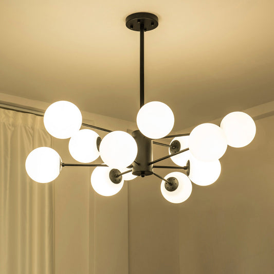 Radial Living Room Hanging Chandelier Metal 12 Bulbs Simple Drop Pendant with Orb Opal Glass Shade in Black Clearhalo 'Ceiling Lights' 'Chandeliers' 'Glass shade' 'Glass' 'Modern Chandeliers' 'Modern' Lighting' 2039312