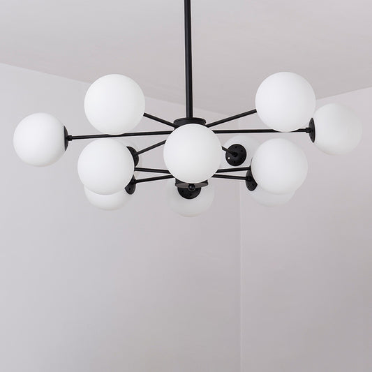 Radial Living Room Hanging Chandelier Metal 12 Bulbs Simple Drop Pendant with Orb Opal Glass Shade in Black Clearhalo 'Ceiling Lights' 'Chandeliers' 'Glass shade' 'Glass' 'Modern Chandeliers' 'Modern' Lighting' 2039313