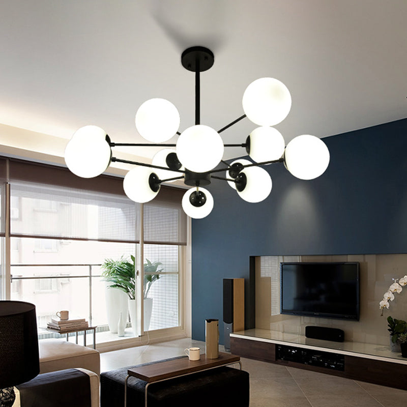 Radial Living Room Hanging Chandelier Metal 12 Bulbs Simple Drop Pendant with Orb Opal Glass Shade in Black Clearhalo 'Ceiling Lights' 'Chandeliers' 'Glass shade' 'Glass' 'Modern Chandeliers' 'Modern' Lighting' 2039314