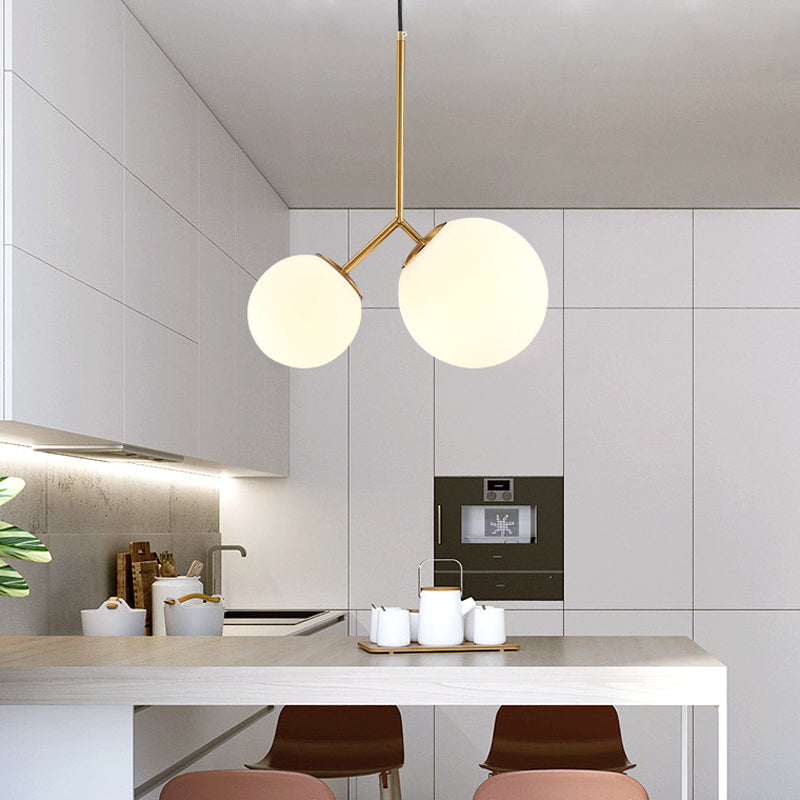 Gold Spherical Chandelier Light Modernity 2 Bulbs Milky Glass Suspension Pendant for Dining Room Clearhalo 'Ceiling Lights' 'Chandeliers' 'Glass shade' 'Glass' 'Modern Chandeliers' 'Modern' Lighting' 2039317