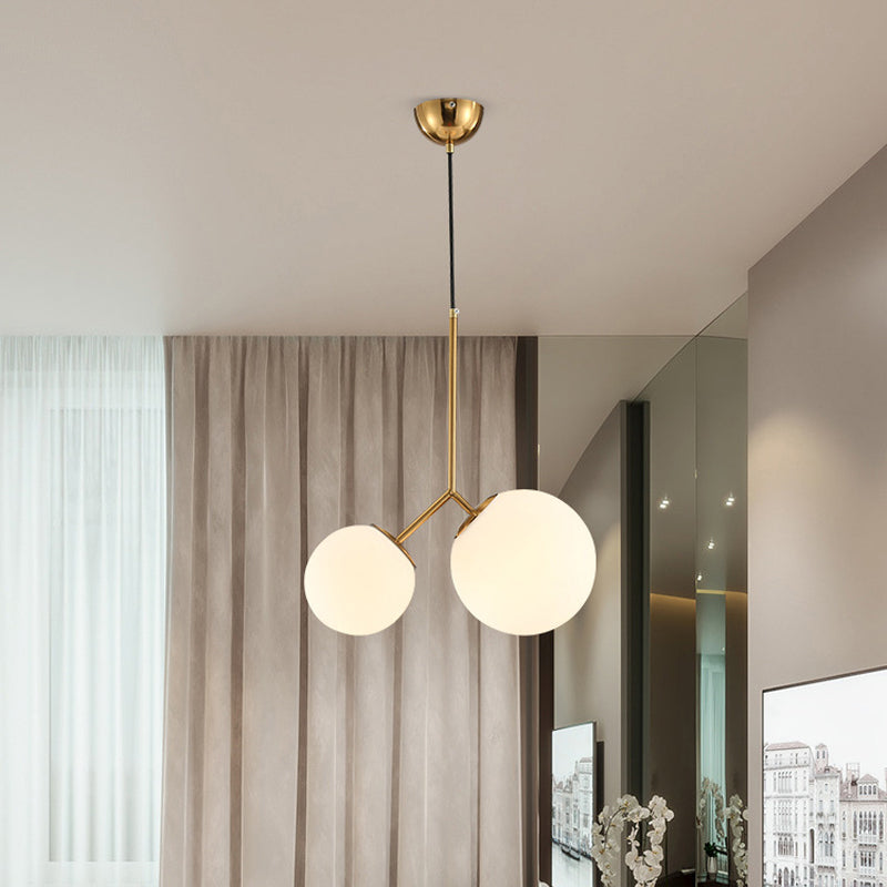 Gold Spherical Chandelier Light Modernity 2 Bulbs Milky Glass Suspension Pendant for Dining Room Clearhalo 'Ceiling Lights' 'Chandeliers' 'Glass shade' 'Glass' 'Modern Chandeliers' 'Modern' Lighting' 2039319