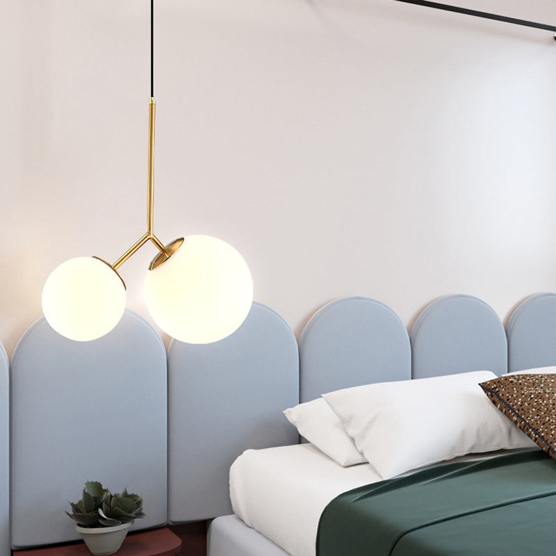 Gold Spherical Chandelier Light Modernity 2 Bulbs Milky Glass Suspension Pendant for Dining Room Clearhalo 'Ceiling Lights' 'Chandeliers' 'Glass shade' 'Glass' 'Modern Chandeliers' 'Modern' Lighting' 2039320