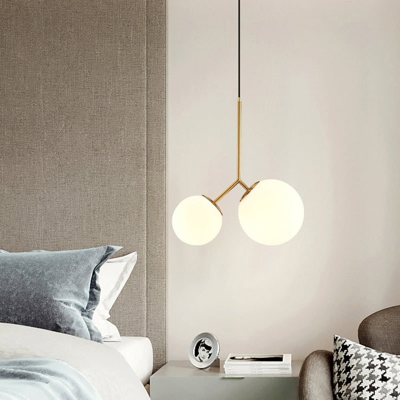 Gold Spherical Chandelier Light Modernity 2 Bulbs Milky Glass Suspension Pendant for Dining Room Clearhalo 'Ceiling Lights' 'Chandeliers' 'Glass shade' 'Glass' 'Modern Chandeliers' 'Modern' Lighting' 2039321