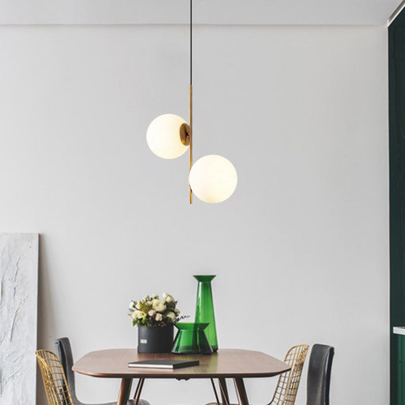 Nordic 2 Lights Chandelier Lighting Gold Sphere Pendant Light Kit with Opal Glass Shade Clearhalo 'Ceiling Lights' 'Chandeliers' 'Glass shade' 'Glass' 'Modern Chandeliers' 'Modern' Lighting' 2039325