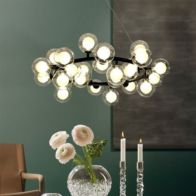 25 Bulbs Dining Room Hanging Lamp Kit Simple Chandelier Light Fixture with Round Glass Shade Clearhalo 'Ceiling Lights' 'Chandeliers' 'Glass shade' 'Glass' 'Modern Chandeliers' 'Modern' Lighting' 2039368
