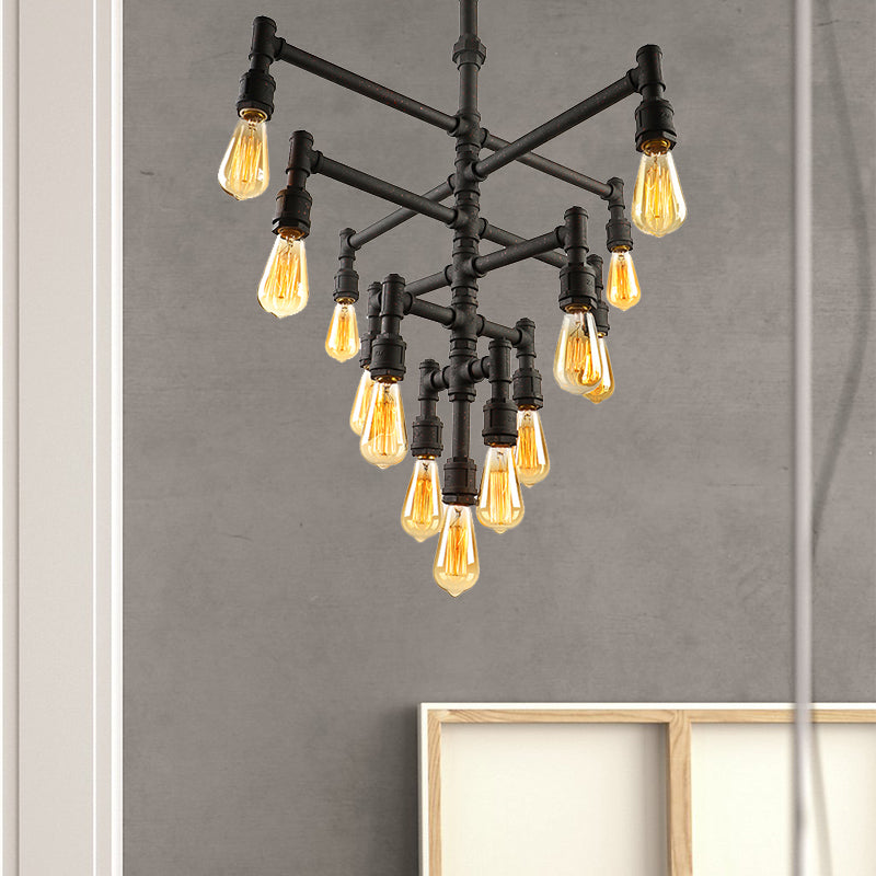 9/13 Lights Tiered Pendant Light Fixture with Water Pipe Farmhouse Style Rust Metal Chandelier Lamp Clearhalo 'Cast Iron' 'Ceiling Lights' 'Chandeliers' 'Industrial Chandeliers' 'Industrial' 'Metal' 'Middle Century Chandeliers' 'Rustic Chandeliers' 'Tiffany' Lighting' 203938
